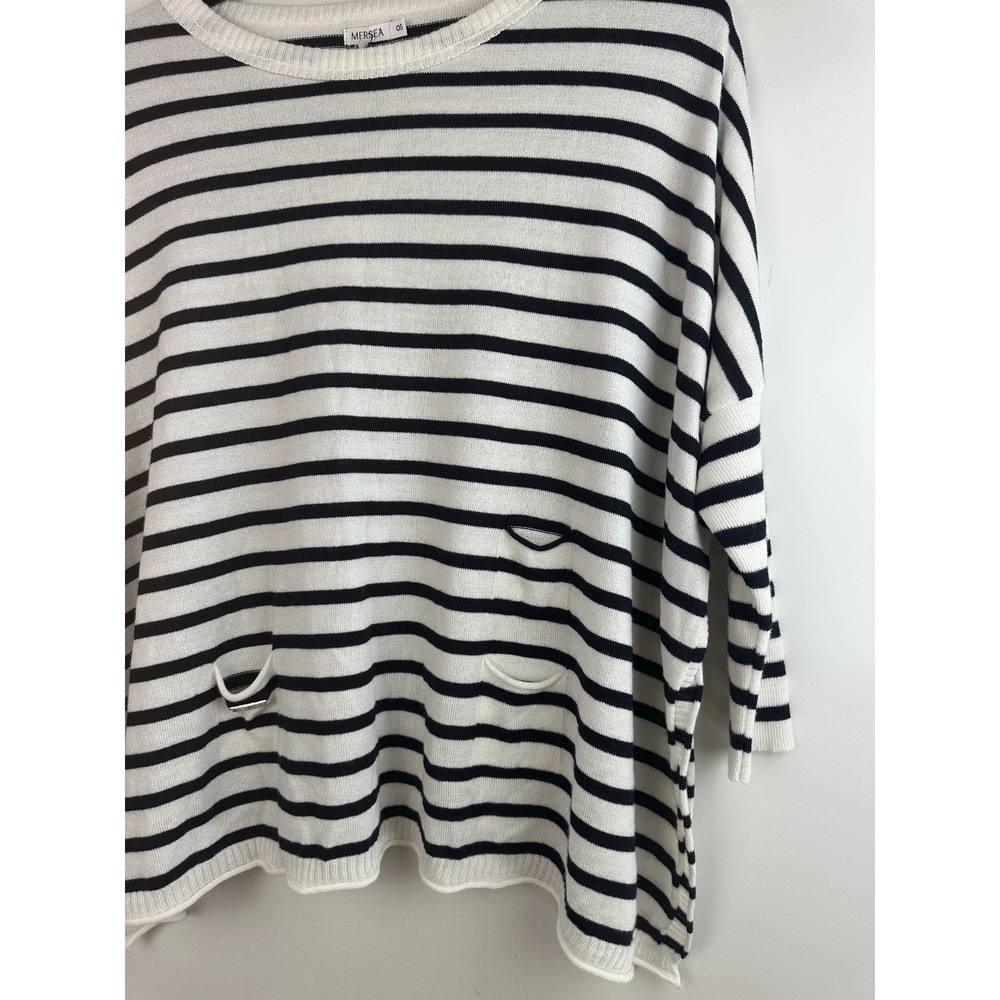 NWT MER SEA OS Catalina Traveler Sweater Side Slits Navy Stripe Boxy Mersea - Picture 10 of 14